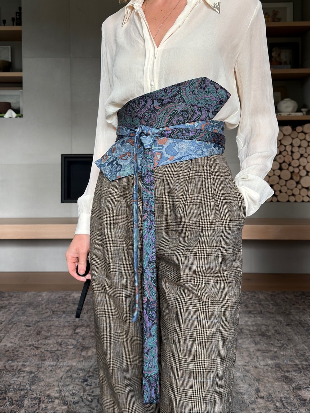 100% silk obi belt Upcycled blues and purples xs small medium adjustable